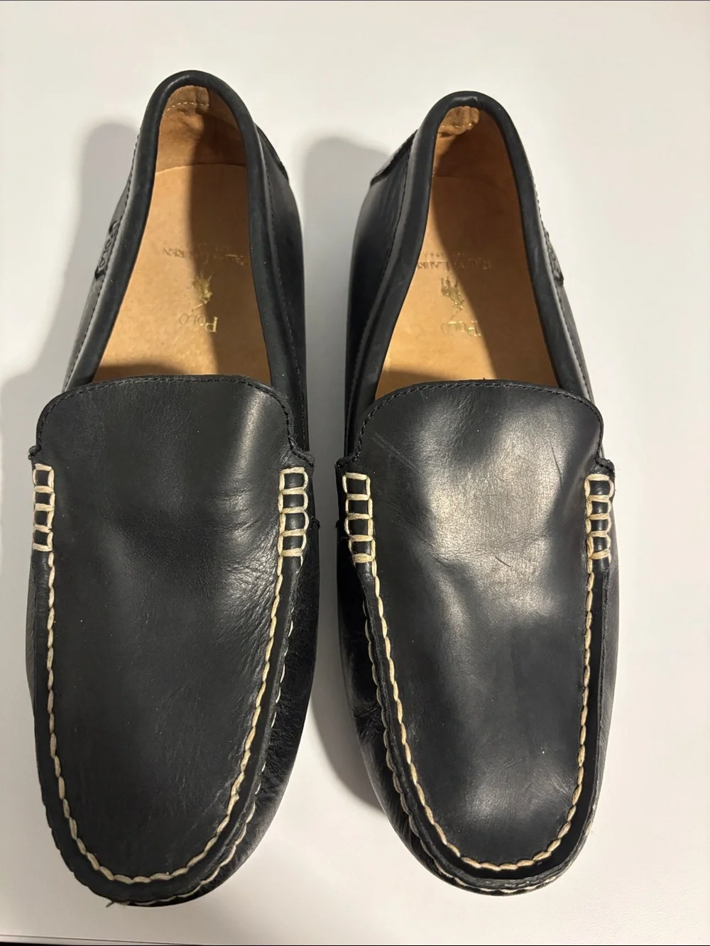 Polo Ralph Lauren Men’s Black Leather Slip-On Driving Loafers Cream Stitching 7D
